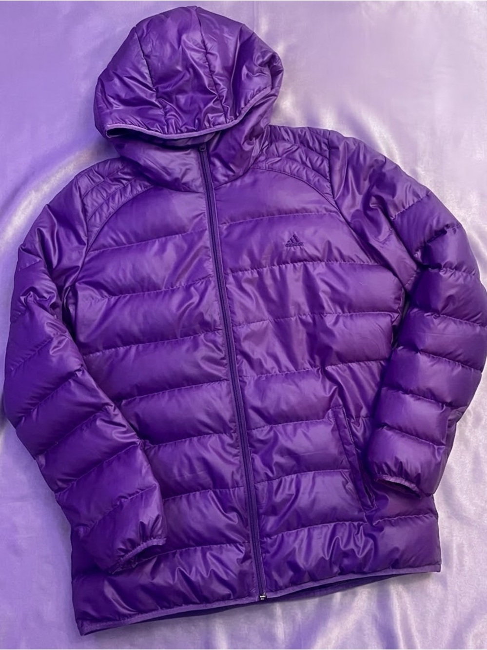 Adidas Purple Hooded Down Puffer Jacket Size L Lightweight Striped Lining